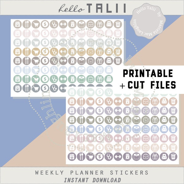 WEEKLY ICONS Planner Stickers- Neutral colors Dots Week Organization Icons Printable Stickers+ Cut Files Laundry Money Fitness Shopping Cart