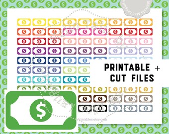 DOLLAR BILL Planner Stickers- 30 rainbow colors Money Stickers Printable + Cut Files Pay Day Payments Money Tracker Green Dollar Bill