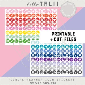 Könnte beinhalten: Druckbare Planer-Icon-Aufkleber in einem Regenbogen von Farben. Die Icons beinhalten einen Laptop, Nagellack, einen Föhn, einen Hammer, eine Schere, ein Flugzeug, eine Einkaufstasche, einen High-Heel-Schuh und ein Cocktailglas. Der Text "Druckbare + Schnittdateien" und "Mädchen-Planer-Icon-Aufkleber" ist im Bild enthalten.