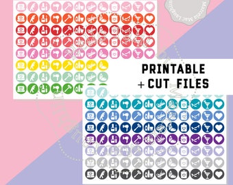 GIRLS Stickers- BEAUTY Icons Printable stickers with CUT Files- Date Haircut Nail polish Dryer Work out Spa Shopping Icons Silhouette Cricut