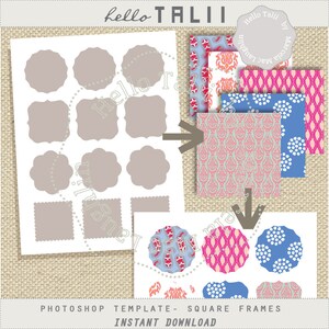May include: Photoshop template with square frames for digital scrapbooking. The template features a variety of frame styles, including rounded, scalloped, and square. The frames are in a light gray color and are set against a white background. The template also includes a variety of patterned papers in pink, blue, and white.