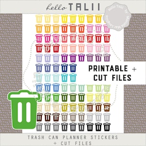 Pode incluir: Uma folha de autocolantes coloridos para planeadores de caixotes do lixo em várias cores, incluindo amarelo, laranja, vermelho, rosa, roxo, azul, verde, castanho, cinzento e preto. O texto "PRINTABLE + CUT FILES" é exibido.
