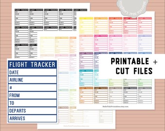 FLIGHT TRACKER Planner Stickers- Flight Stickers Printable + Cut bestanden Full Box Datum Airline Departures Arrives 60 kleuren Travel Info Vliegtuig