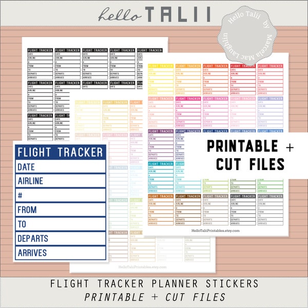 FLIGHT TRACKER Planner Stickers- Flight Stickers Printable + Cut files Full Box Date Airline Departs Arrives 60 colors Travel Info Airplane