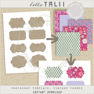 May include: A digital download of a Photoshop template featuring eight vintage frames with a burlap texture. The template includes a variety of frame shapes and sizes, perfect for adding a rustic touch to your designs.
