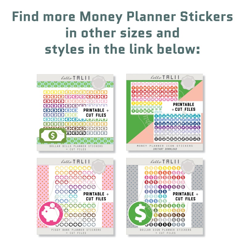 May include: Four printable sticker sheets for money planning. Each sheet features a different design with colorful circles and icons. The designs include dollar bills, money bags, piggy banks, and dollar signs. The text on the sheets reads "Printable + Cut Files".