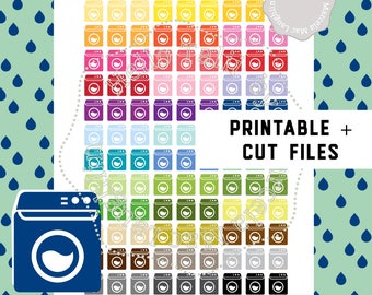 WASHING MACHINE Stickers- 108 Laundry Tracker Icons in 36 colors Printable Stickers + CUT Files Silhouette Cricut Spring Cleaning Stickers