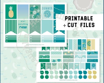 SUMMER Planner Stickers Printable + Cut files- Teal Gold and Green Full Boxes Banners Flags Washi Tape Drops Pineapples Watermelon Stickers