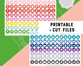 MONEY Planner Stickers Printable + CUT Files for Silhouette Cricut Bill due Stickers Payday Savings Bank icons Erin Condren Happy Planner