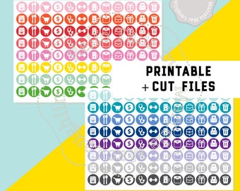 WEEKLY Planner Stickers- Week Organization Icons Printable Stickers+ CUT Files for ECLP Happy Planner Laundry Money Fitness Shopping Cart