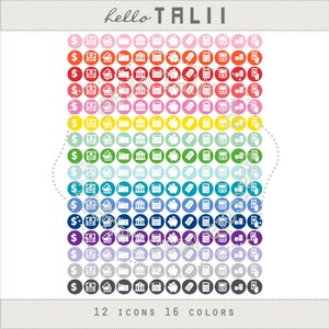 May include: A set of 12 colorful icons representing financial concepts, such as money, a bank, a piggy bank, a sale tag, a calculator, and a hand holding a credit card. The icons are arranged in a grid of 16 rows and 12 columns, with each row representing a different color.