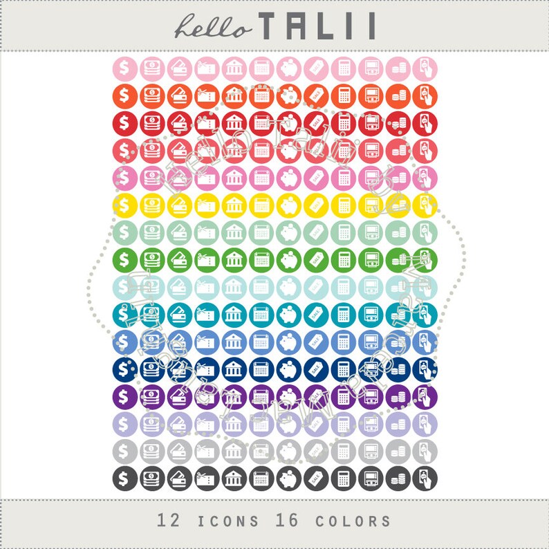 May include: A set of 12 colorful icons representing financial concepts, such as money, a bank, a piggy bank, a sale tag, a calculator, and a hand holding a credit card. The icons are arranged in a grid of 16 rows and 12 columns, with each row representing a different color.