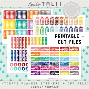HYDRATE Planner Stickers + CUT FILES- Rainbow Hydration Stickers + Gold/Silver- Weekly/ Daily Checklist Water Bottles Full and Quarter Boxes