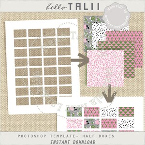 Peut inclure: Un modèle Photoshop avec des demi-boîtes, présentant une texture de toile de jute et divers motifs roses, verts, gris et noirs. Le texte "hello TALII" et "Photoshop Template - Half Boxes Instant Download" sont visibles.