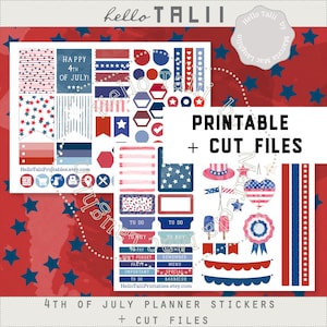 4th of JULY Planner Stickers- Watercolor Printable Stickers + CUT Files Independence Day red blue white Stickers Erin Condren Happy Planner