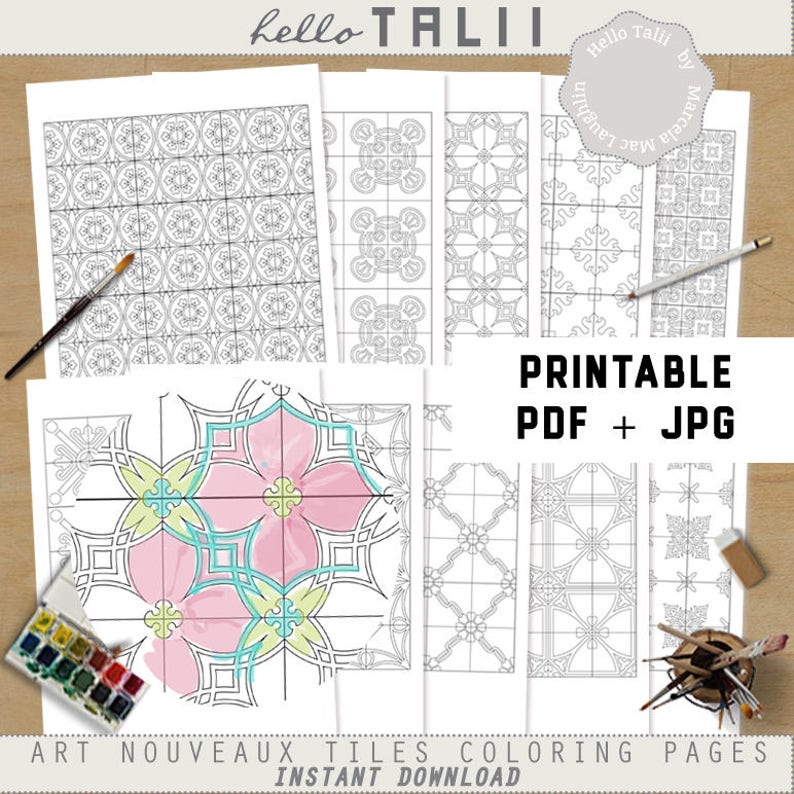 10 Mozaiki Kolorowanki Dla Dorosłych Art Nouveaux Tiles Wzory Etsy