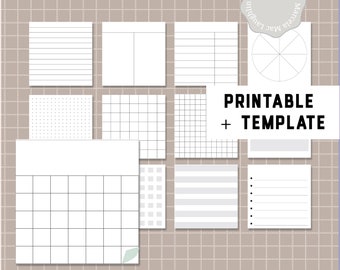 May include: Printable template of assorted sticky notes with different grid patterns, lines, and blank spaces. The notes are designed for organisation and planning. The text "Printable Template" is at the top of the image.