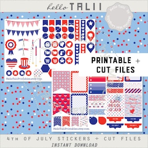 4th of July Planner Stickers- Happy Independence Day Printable Stickers + CUT FILES x Cricut Silhouette Stars and Stripes Banners Flags Dots