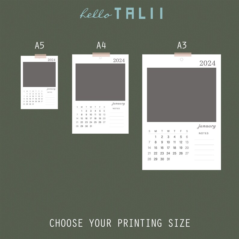 MONTHLY Calendar 2024 Printable Editable 3 Sizes Minimal Wall or