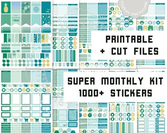 SUMMER Monthly Kit- 1000+ Green Teal Yellow Planner Stickers BUNDLE Printable + Cut files Pineapple Sun for Silhouette Cricut Erin Condren