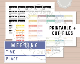 MEETING Stickers- HALF BOX Meeting Planner Stickers Printable + Cut files Time and Place Reminder 60 colors Work Teacher Schedule Calendar