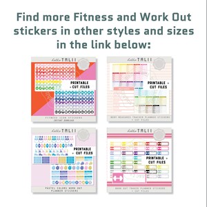 May include: Four printable sticker sheets for fitness and workout planning. The sheets feature colorful icons and text, including "Fitness Icon Stickers", "Body Measures Tracker Planner Stickers", "Pastel Colors Work Out Planner Stickers", and "Work Out Tracker Planner Stickers".
