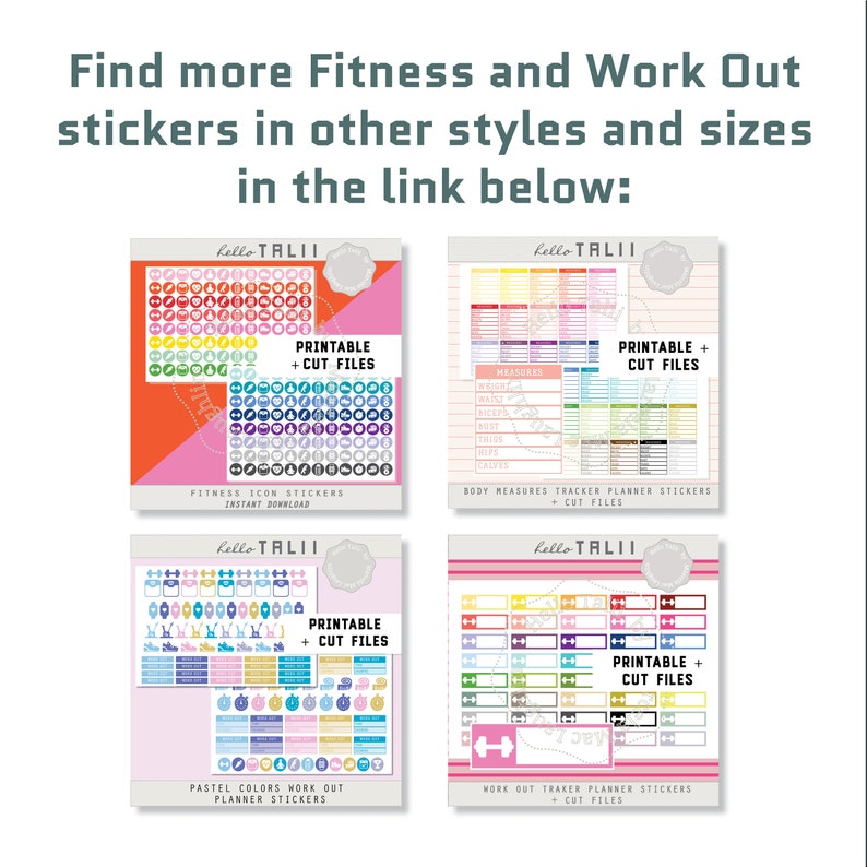 May include: Four printable sticker sheets for fitness and workout planning. The sheets feature colorful icons and text, including "Fitness Icon Stickers", "Body Measures Tracker Planner Stickers", "Pastel Colors Work Out Planner Stickers", and "Work Out Tracker Planner Stickers".