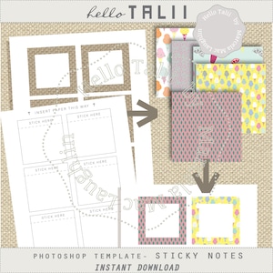 May include: A Photoshop template for creating sticky notes. The template has five rectangular frames with dotted lines around them. The frames are labeled "Stick Here". The template is designed to be used with digital paper. The template is labeled "Photoshop Template - Sticky Notes" and "Instant Download".
