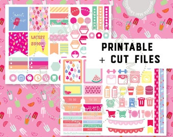 Summer Weekly Kit-  ICE CREAM Planner Stickers Print and Cut files Silhouette Cricut Pink Orange Yellow Popsicles Watermelon Week Stickers