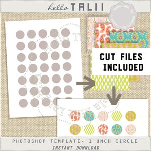 Peut inclure: Modèle Photoshop pour un poinçon de cercle de 2,5 cm. Le modèle présente une grille de 36 cercles, avec un échantillon de différents cercles à motifs en dessous. Le texte "FICHIERS DE COUPE INCLUS" est affiché dans une boîte rose.