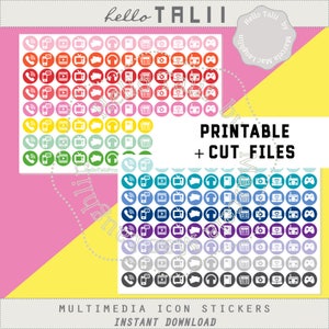 May include: Printable multimedia icon stickers in a variety of colors. The icons include a phone, a television, headphones, a book, a camera, a heart, and a game controller. The text "PRINTABLE + CUT FILES" is at the top of the image. The text "MULTIMEDIA ICON STICKERS" is at the bottom of the image. The text "INSTANT DOWNLOAD" is at the bottom of the image.