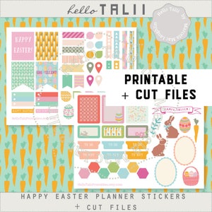 Happy EASTER Planner Stickers- Easter Printable Stickers + CUT Files Bunnies Egg hunt Carrots Chocolate Eggs Stickers Banners Checklist Dots