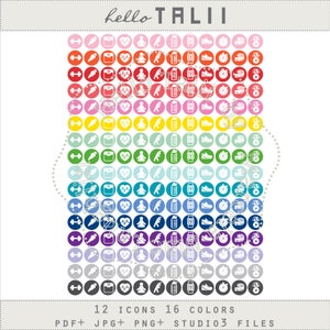 May include: A set of 192 fitness icons in 16 different colors. The icons include a dumbbell, a scale, a heart, a yoga pose, a water bottle, a smartwatch, a running shoe, a timer, and a measuring tape. The icons are arranged in a grid pattern.