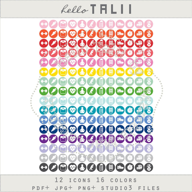 May include: A set of 192 fitness icons in 16 different colors. The icons include a dumbbell, a scale, a heart, a yoga pose, a water bottle, a smartwatch, a running shoe, a timer, and a measuring tape. The icons are arranged in a grid pattern.