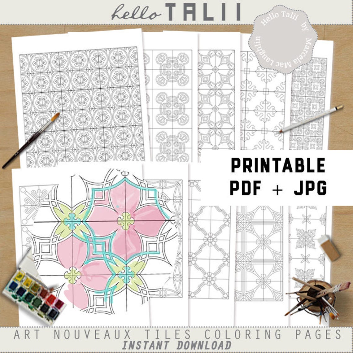 10 Mosaics Coloring Pages for Adults Art Nouveaux Tiles Etsy