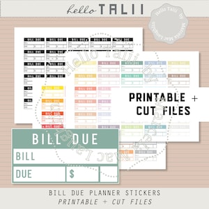 BILL DUE Planner Stickers- Half Box Bill Due Printable Stickers + CUT files Payment Reminder Payday Bill Check Box Tracker 60 colors Sticker