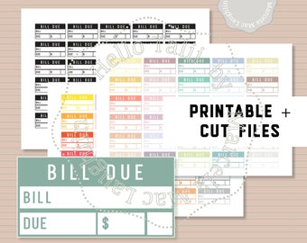 BILL DUE Planner Stickers- Half Box Bill Due Printable Stickers + CUT files Payment Reminder Payday Bill Check Box Tracker 60 colors Sticker