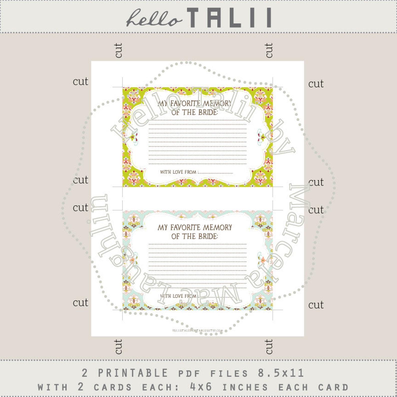 Memories for the Bride PRINTABLE CARDS PDF Bridal Shower | Etsy