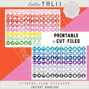 May include: Printable fitness icon stickers in a rainbow of colors. The stickers feature icons such as a dumbbell, heart rate monitor, water bottle, running shoes, and a measuring tape. The text "PRINTABLE + CUT FILES" is in the center of the image.
