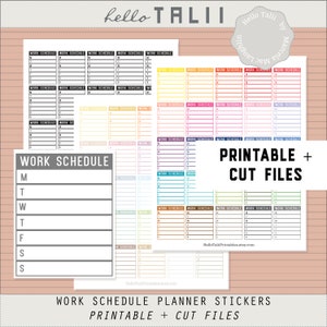Könnte beinhalten: Druckbare Arbeitszeitplan-Planer-Aufkleber mit einem Regenbogen-Farbschema. Die Aufkleber sind so konzipiert, dass sie ausgeschnitten und in einem Planer oder Tagebuch verwendet werden können. Der Text auf den Aufklebern lautet "Work Schedule".