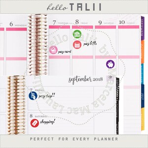 May include: A close-up of a planner with a gold spiral binding. The planner has a pink and white design with the text "hello TALII" at the top. The planner is open to September 2018 and has stickers with the text "pay bills", "pay card", "pay day!!", and "shopping!" on the pages.
