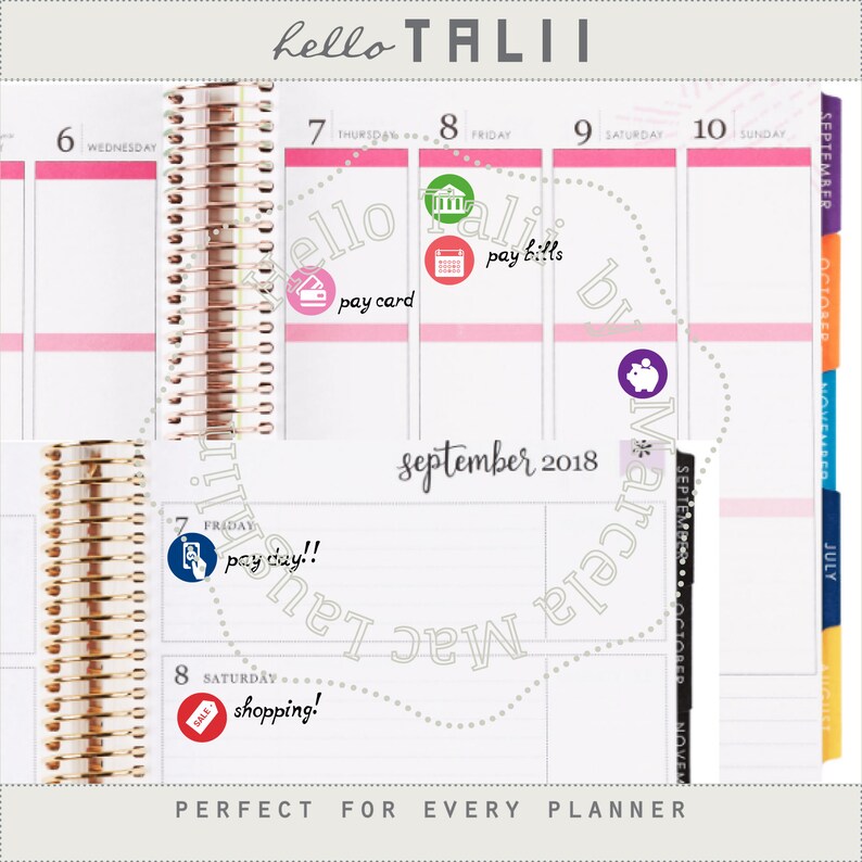 May include: A close-up of a planner with a gold spiral binding. The planner has a pink and white design with the text "hello TALII" at the top. The planner is open to September 2018 and has stickers with the text "pay bills", "pay card", "pay day!!", and "shopping!" on the pages.
