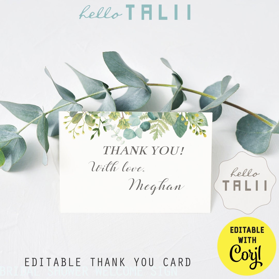 THANK YOU Card GREENERY Printable Editable Green Leaves Arrangement