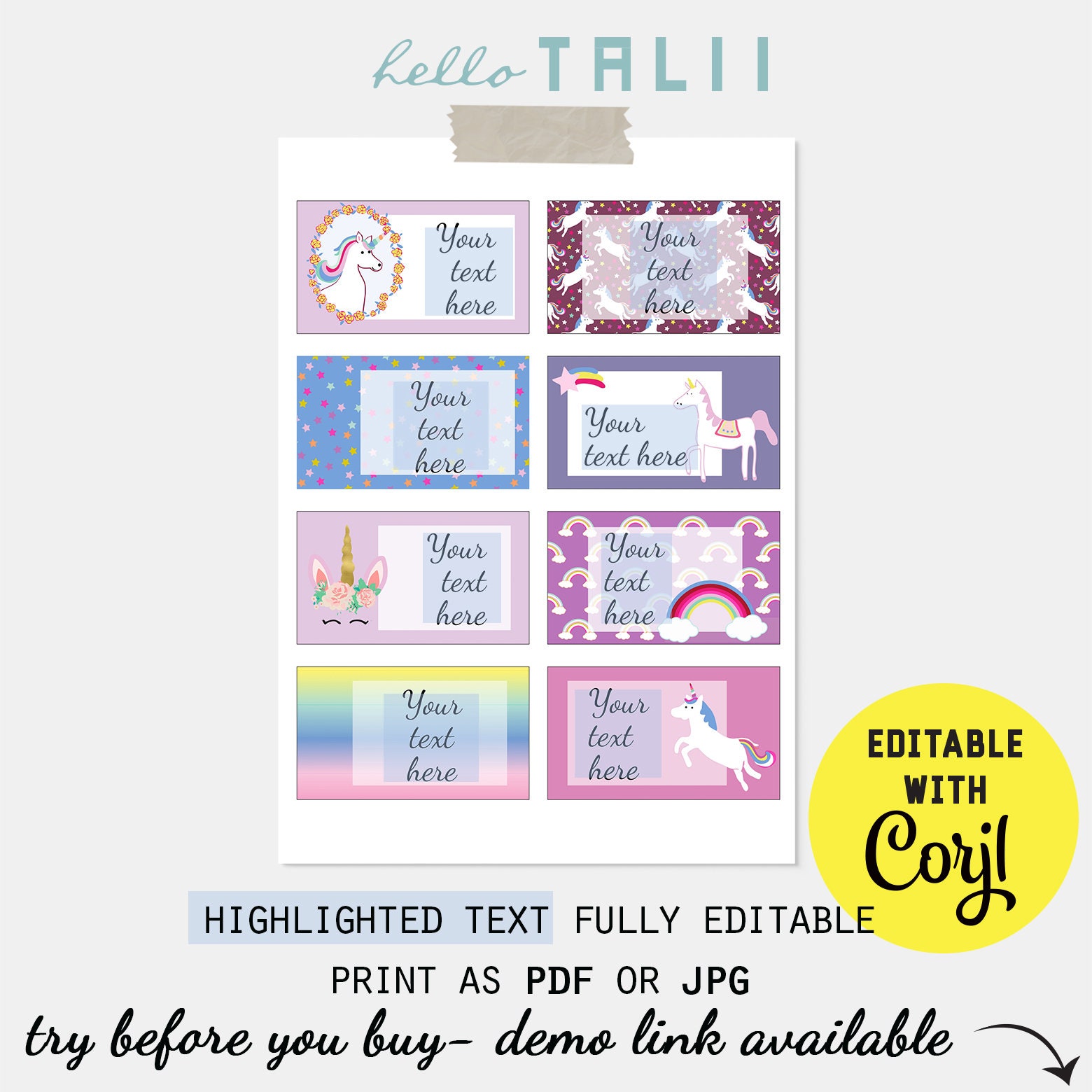 UNICORN Digital LABELS 8 Printable Labels Editable With Corjl Unicorns ...
