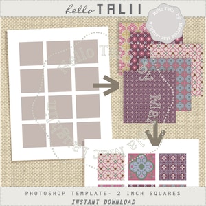 May include: A digital template for creating a 9-square photo collage using 2-inch squares. The template is designed to be used with Photoshop and includes a variety of patterned squares in pink, purple, blue, and green.