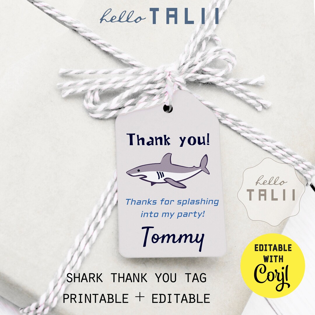 SHARK PARTY Favor TAG Printable Editable Shark Thank You Tag Shark ...