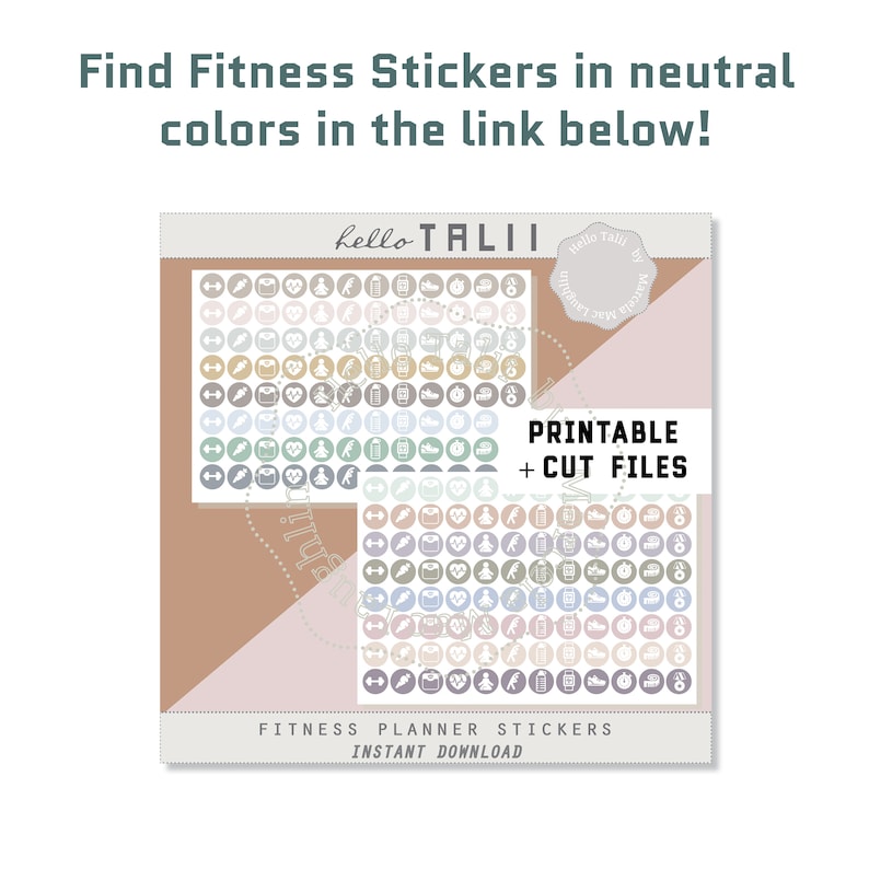 May include: A digital download of printable fitness planner stickers in neutral colors. The stickers feature icons such as dumbbells, hearts, water bottles, and clocks. The text "PRINTABLE + CUT FILES" and "FITNESS PLANNER STICKERS INSTANT DOWNLOAD" is included.