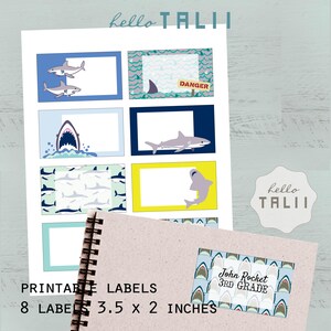 SHARK LABELS- Druckbare Hai Namensetiketten Zurück zu Schulrechteckige Etiketten Haifischlebensmitteletikett Haifischangriff Aufkleber Schulbedarf druckbar