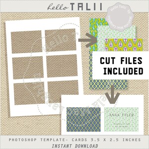 May include: A digital download template for creating 3.5 x 2.5 inch cards. The template features a grid of six blank squares, with a brown burlap background. The template is designed to be used with Photoshop. The image also includes a sample card with a green and white striped background and the text "ANNA TYLER".