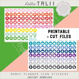 May include: Printable money planner icon stickers in a variety of colors. The icons include a dollar bill, a bank building, a piggy bank, and a calculator. The text "PRINTABLE + CUT FILES" is in white on a black background. The text "MONEY PLANNER ICON STICKERS" is in black on a white background. The text "INSTANT DOWNLOAD" is in black on a white background.
